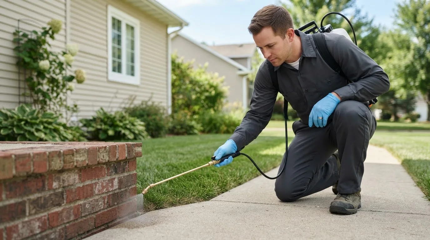 Pest control technician treating a home near Curtiss, WI