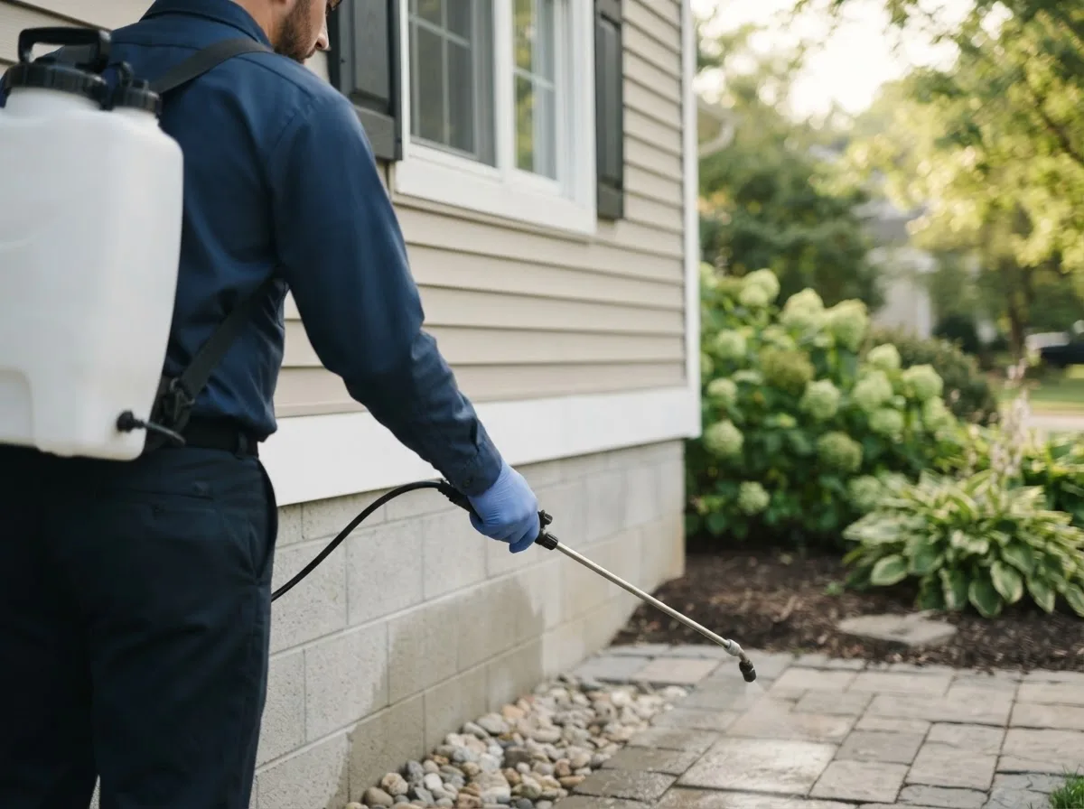 Pest control technician inspecting a home in Curtiss, WI